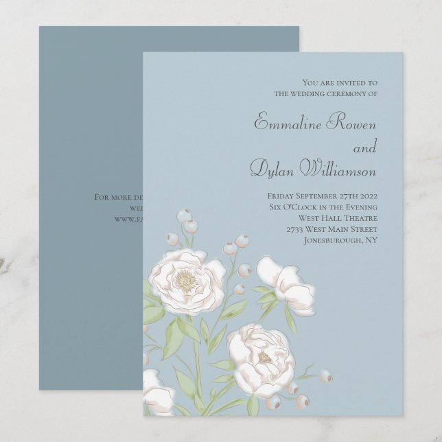 Dusty Blue White Rose Wedding Inbjudningar (Fram/baksida)