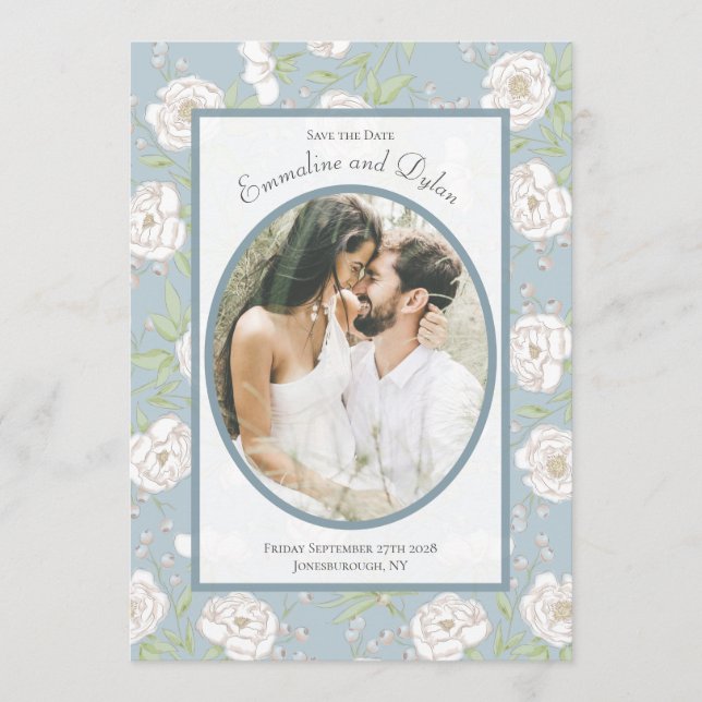 Dusty Blue White Rose Wedding Photo Save the Date Inbjudningar (Framsida)