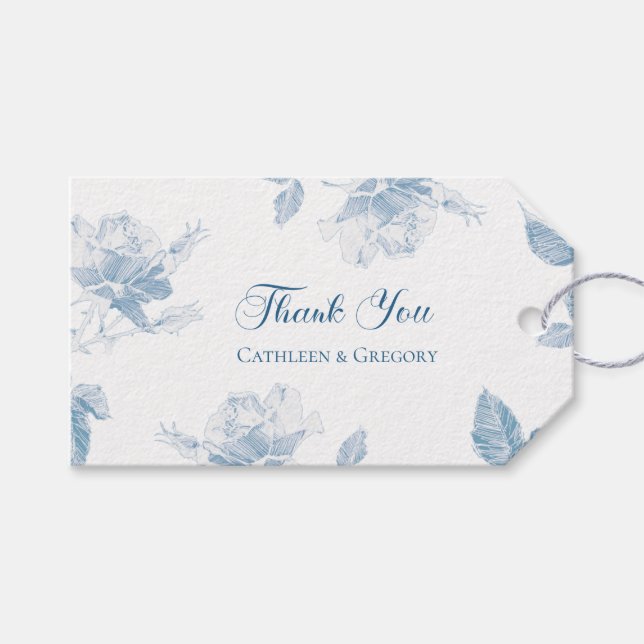 Dusty Blue White Roses Floral Thank You Wedding Presentetikett (Framsidan (Horisontell))