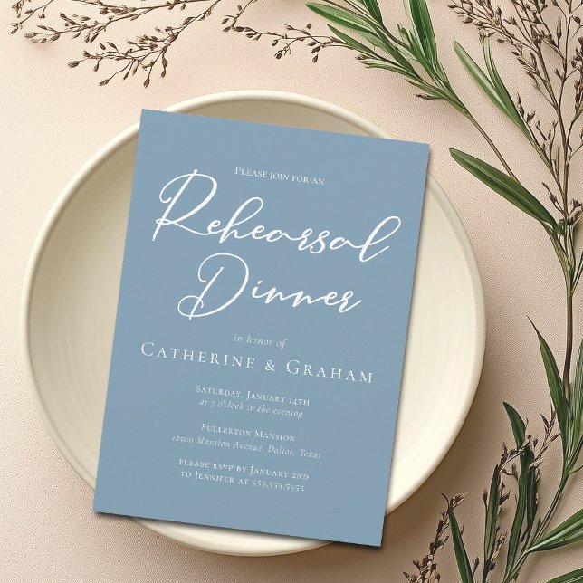 Dusty Blue White Script Coastal Rehearsal Dinner Inbjudningar (Skapare uppladdad)