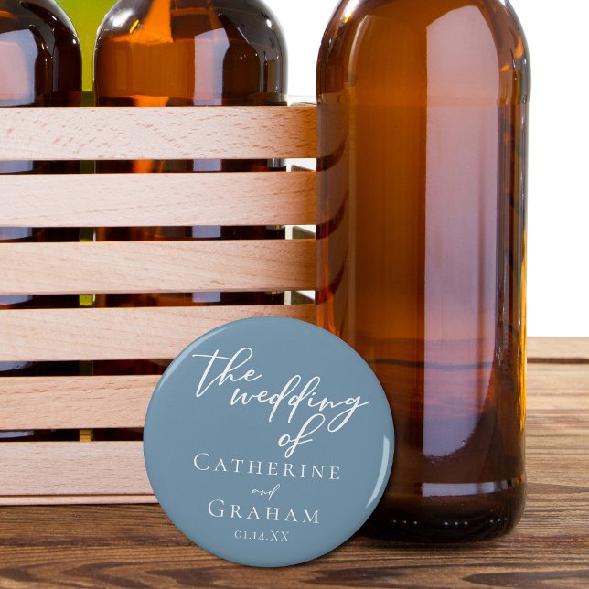 Dusty Blue White Typography Coastal Bröllop Flasköppnare (Skapare uppladdad)