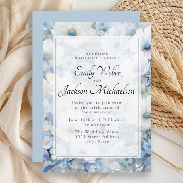 Dusty Blue White Watercolor Blommigt Bröllop Inbjudningar (Elegant dusty blue and white watercolor floral wedding invitation)