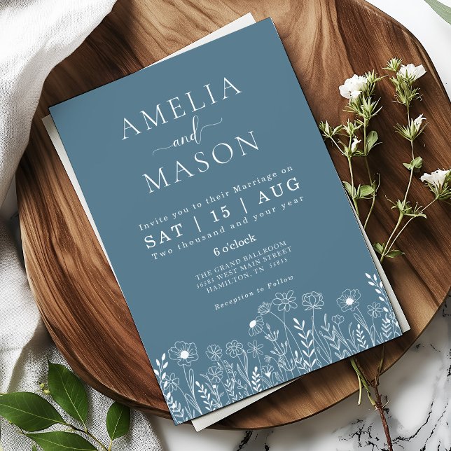 Dusty Blue Wildblombröllop - inbjudan (Dusty Blue Minimal Floral Wildflower Wedding Invitation)