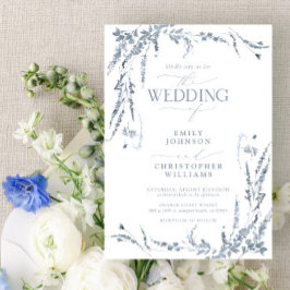Dusty Blue Wildblomcalligraphy Bröllop Inbjudningar