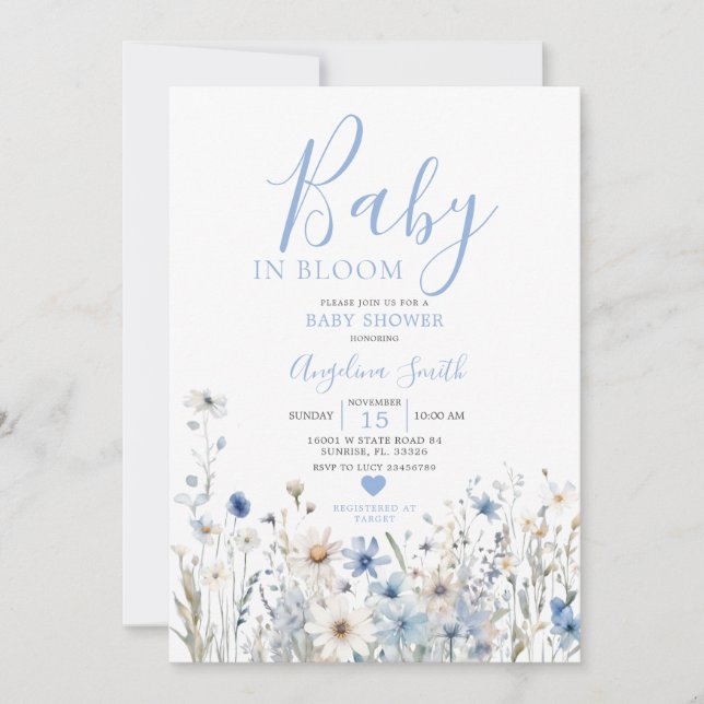 Dusty Blue Wildblomma Baby i Bloom Baby Shower Inbjudningar (Framsida)