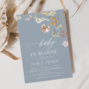 Dusty Blue Wildblomma Baby i Bloom Baby Shower Inbjudningar