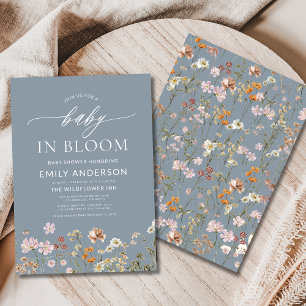 Dusty Blue Wildblomma Baby i Bloom Baby Shower Inbjudningar