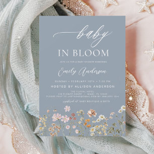 Dusty Blue Wildblomma Baby i Bloom-inbjudan