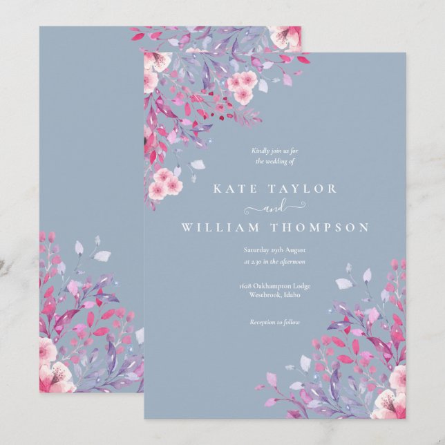 Dusty Blue Wildblomma Blommigt Bröllop Inbjudningar (Fram/baksida)