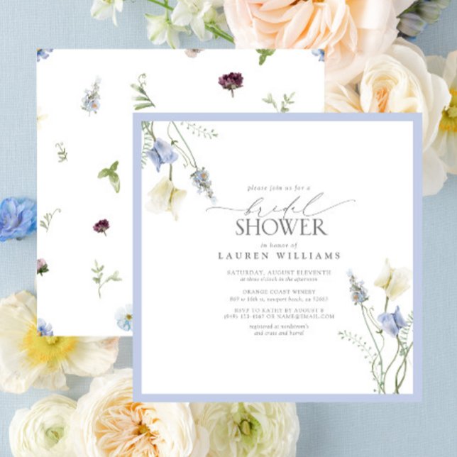 Dusty Blue Wildblomma Blommigt Möhippa Inbjudningar (Bridal Shower Invitation!)