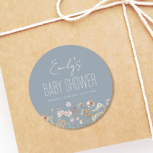 Dusty Blue Wildblomma Boho Baby Shower in Bloom Runt Klistermärke