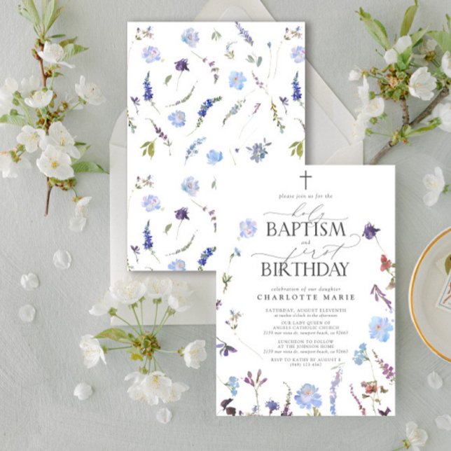Dusty Blue Wildblomma Heliga Baptism och födelseda Inbjudningar (Easily personalize this baptism and first birthday invite with your personal details.)