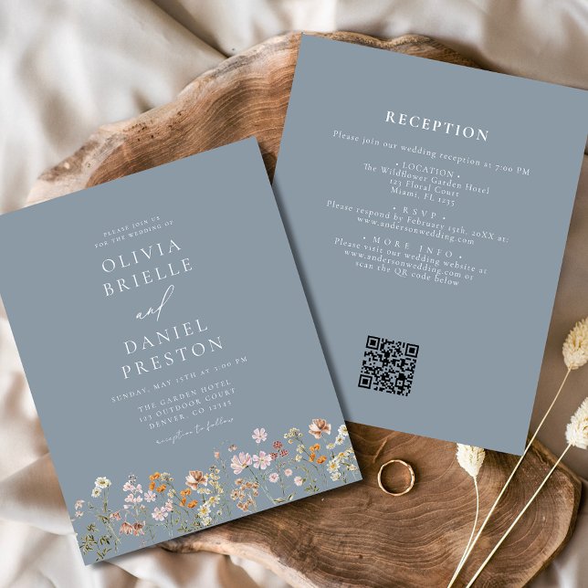 Dusty Blue Wildblomma QR Code Garden Wedding Flygblad (Skapare uppladdad)