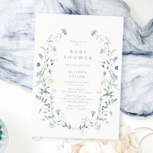 Dusty Blue Wildblomma Rustic Boho Baby Shower Inbjudningar (Dusty Blue Wildflower Rustic Boho Baby Shower Invitation)