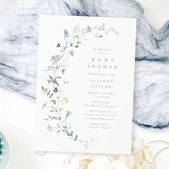 Dusty Blue Wildblomma Rustic Boho Baby Shower Inbjudningar (Dusty Blue Wildflower Rustic Boho Baby Shower Invitation)