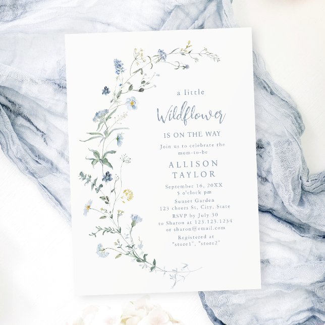 Dusty Blue Wildblomma Rustic Boho Baby Shower Inbjudningar (Dusty Blue Wildflower Rustic Boho Baby Shower Invitation)