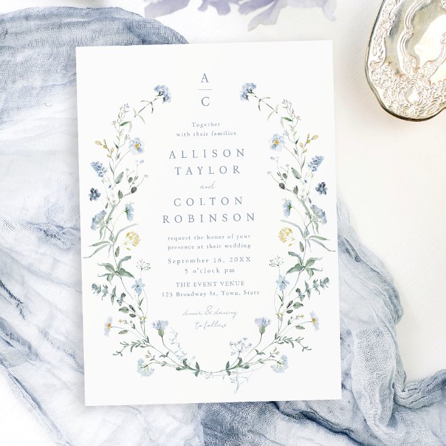 Dusty Blue Wildblomma Rustic Boho Bröllop monogram Inbjudningar (Dusty Blue Wildflower Rustic Boho Wedding monogram Invitation)