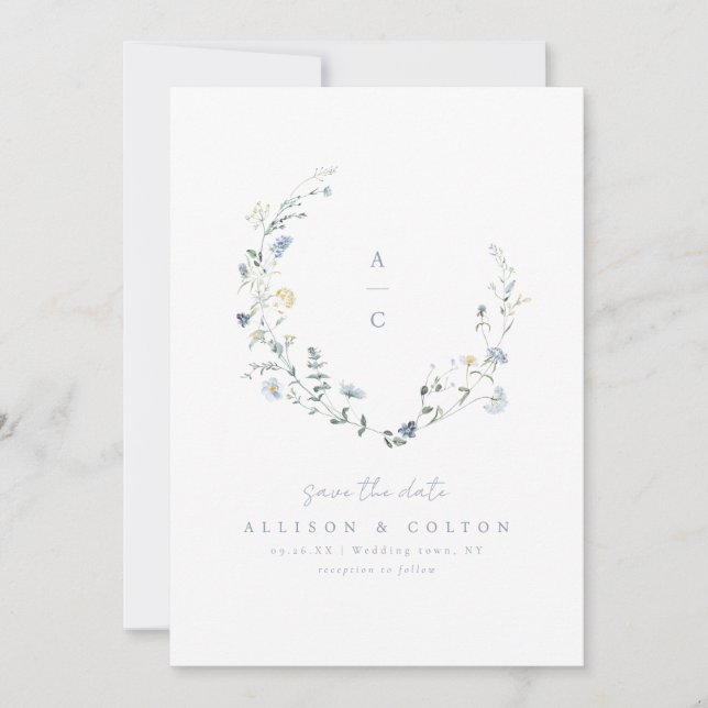 Dusty Blue Wildblomma Rustic Boho Bröllop monogram Spara Datumet (Framsida)