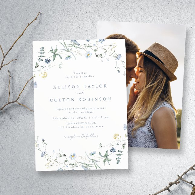 Dusty Blue Wildblomma Rustic Boho Bröllop Photo Inbjudningar (Dusty Blue Wildflower Rustic Boho Wedding Photo Invitation)