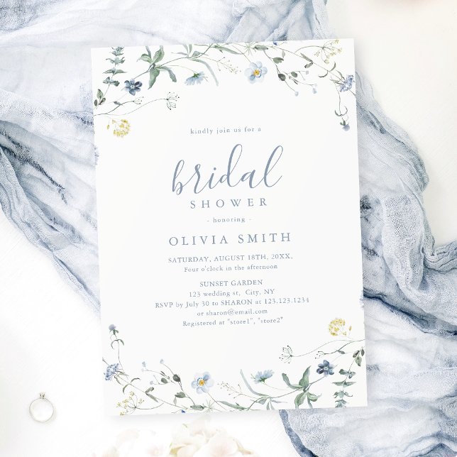 Dusty Blue Wildblomma Rustic Boho Möhippa Inbjudningar (Dusty Blue Wildflower Rustic Boho Bridal Shower Invitation)