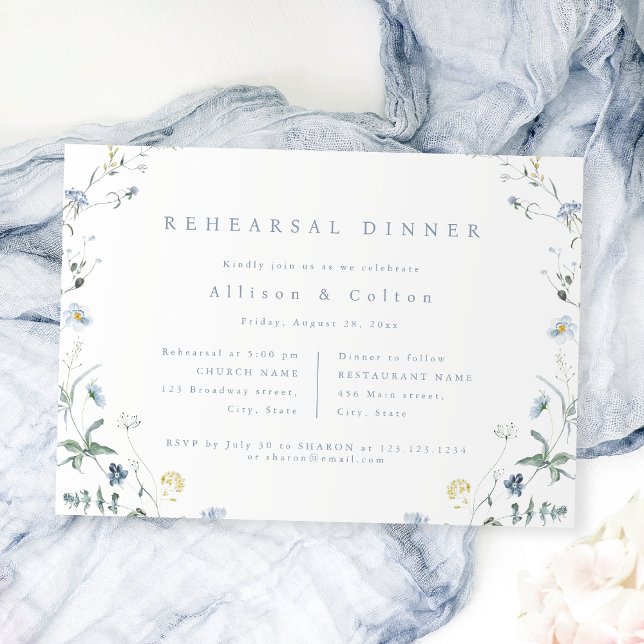 Dusty Blue Wildblomma Rustic Boho Rehearsal Middag Inbjudningar (Dusty Blue Wildflower Rustic Boho Rehearsal Dinner Invitation)