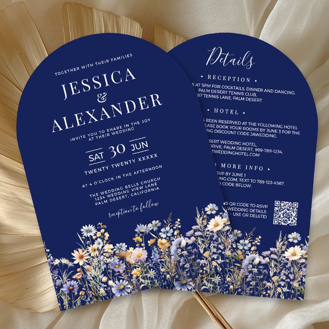 Dusty Blue Wildblommor alla i en QR-flotta Bröllop Inbjudningar (Dusty Blue Wildflower All In One QR Code Navy Wedding Invitation with Reception, Hotel, RSVP on Back)