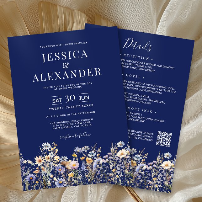 Dusty Blue Wildblommor alla i en QR-flotta Bröllop Inbjudningar (Dusty Blue Wildflower All In One QR Code Navy Wedding Invitation with Reception, Hotel, RSVP on Back)