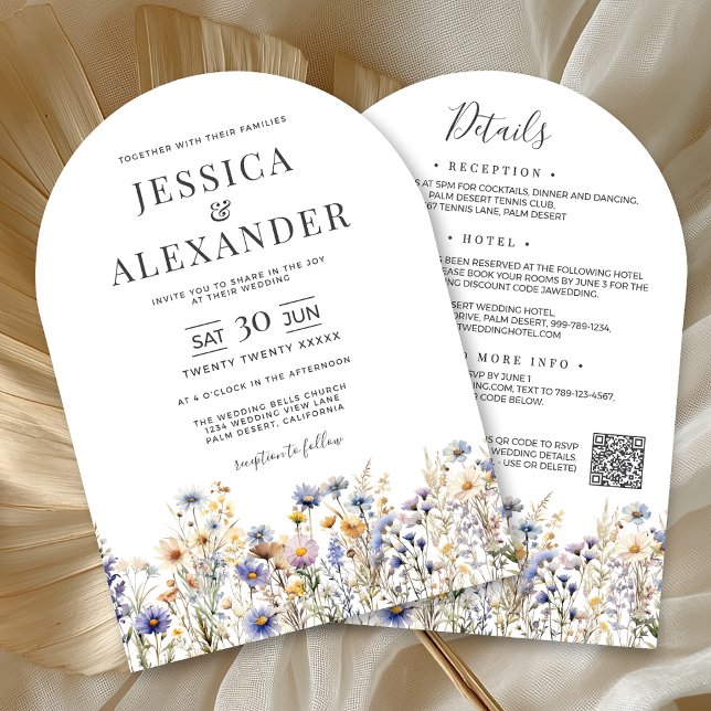 Dusty Blue Wildblommor alla i en QR-kod Bröllop Inbjudningar (Dusty Blue Wildflowers All In One QR Wedding Invitation with Reception, Hotel, RSVP on Back.)