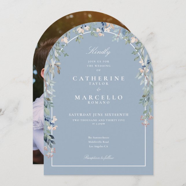 Dusty Blue Wildblommor Blommigt Arch Photo Bröllop Inbjudningar (Fram/baksida)