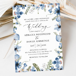 Dusty Blue Wildblommor Elegant bröllop Inbjudningar