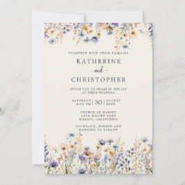 Dusty Blue Wildblommor Forme Ivory Bröllop Inbjudningar