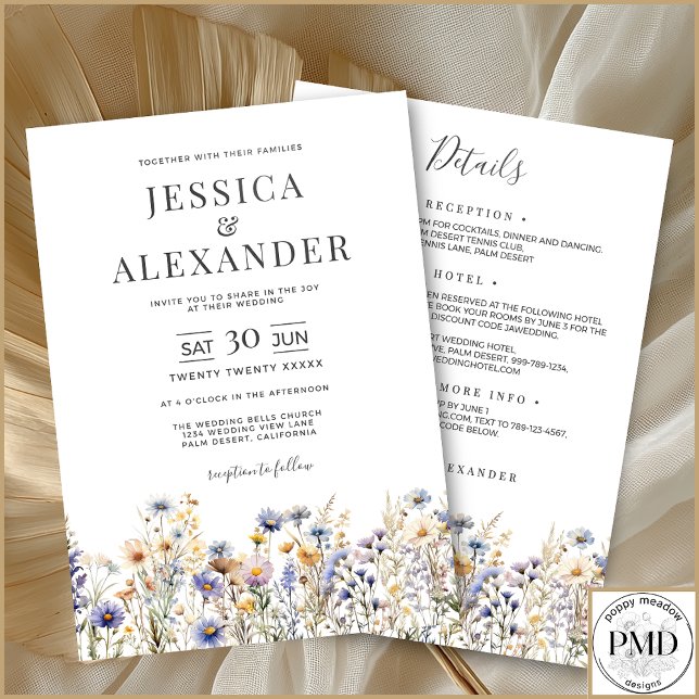 Dusty Blue Wildblommor i en Elegant bröllop Inbjudningar (Dusty Blue Wildflowers All In One Wedding Invitation with Details, Reception, Hotel and RSVP on Back)