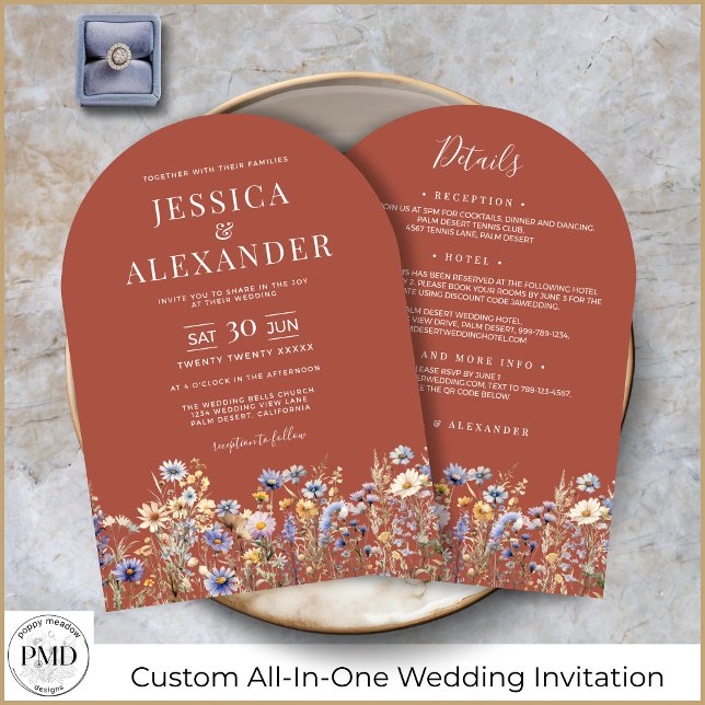Dusty Blue Wildblommor i en enda rost Bröllop Inbjudningar (Terracotta Watercolor Wildflowers Elegant Arch Wedding Invitation with Details on the Back.)