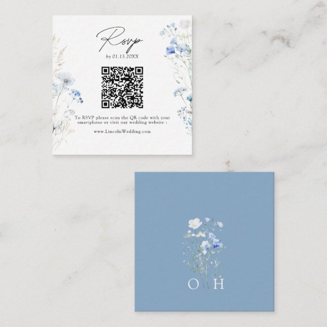 Dusty Blue Wildblommor Monogram QR Code OSA Tilläggskort (Fram/baksida)