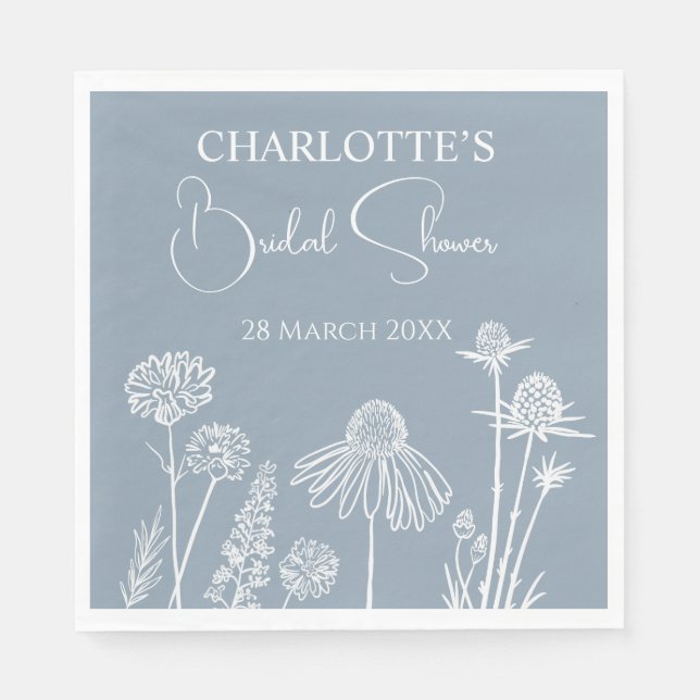 Dusty Blue Wildblommor Sketched Möhippa Pappersservett (Framsidan)