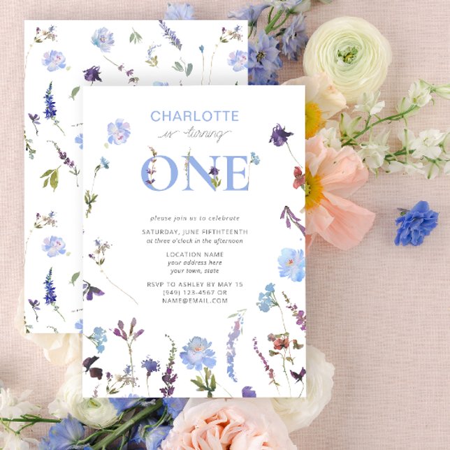 Dusty Blue Wildblomning som turar om en första föd Inbjudningar (1st Birthday Invitation)