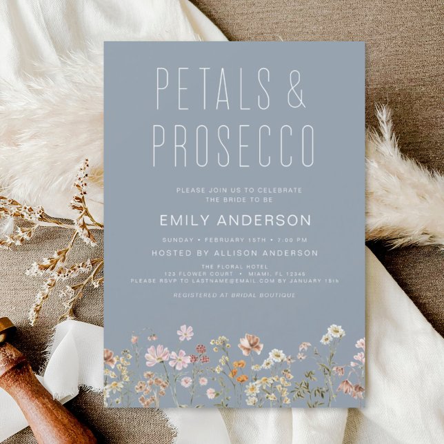 Dusty Blue WildblomPetals & Prosecco Inbjudningar (Skapare uppladdad)