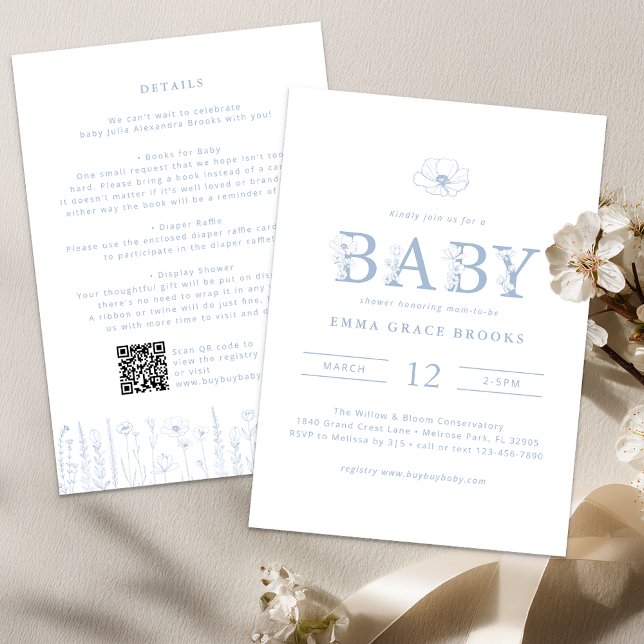 Dusty Blue Wildflower Baby Shower All-in-One Inbjudningar (Dusty Blue Baby Shower Invite)