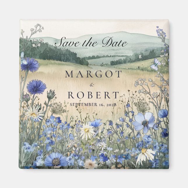 Dusty Blue Wildflower Meadow Save The Date Magnet (Framsidan)