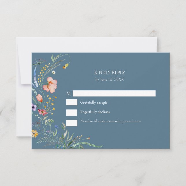 Dusty Blue Wildflower Meadow Wedding RSVP Card OSA Kort (Framsida)