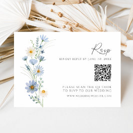 Dusty Blue Wildflower QR Code Wedding RSVP OSA Kort