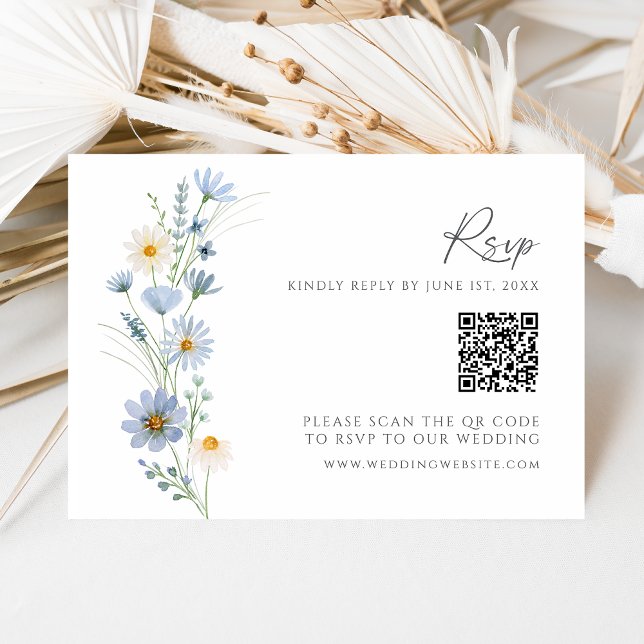 Dusty Blue Wildflower QR Code Wedding RSVP OSA Kort (Skapare uppladdad)