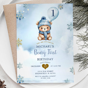 Dusty Blue Winter Beary First Birthday Snowflake Inbjudningar