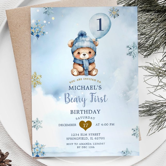 Dusty Blue Winter Beary First Birthday Snowflake Inbjudningar (Skapare uppladdad)