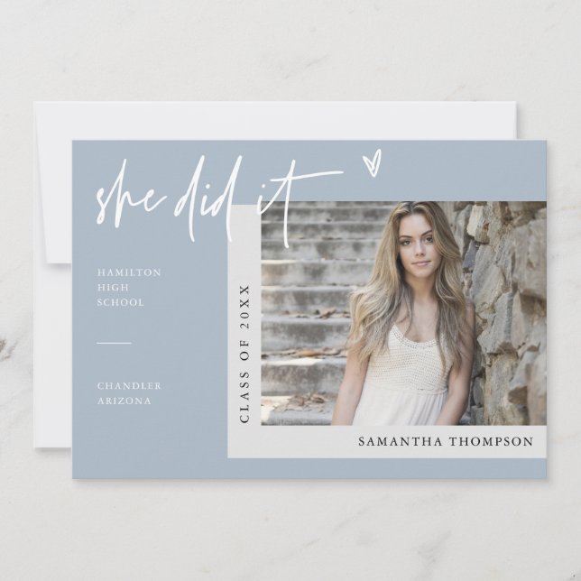 Dusty Blue Winter Modern Hon gjorde Grad Photo Inbjudningar (Framsida)