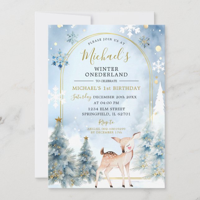 Dusty Blue Winter ONEderland Forest 1st Birthday Inbjudningar (Framsida)