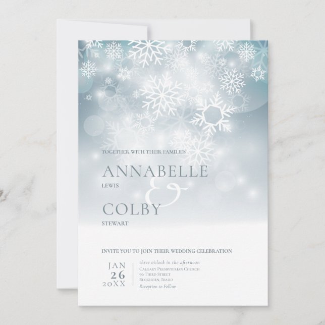 Dusty Blue Winter Snow Modern Wedding Inbjudningar (Framsida)
