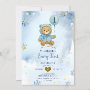 Dusty Blue Winter Snowflake Beary Första födelseda Inbjudningar