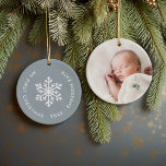 Dusty Blue Winter Snowflake Första julfoto Julgransprydnad Keramik<br><div class="desc">Keramisk helgdag är en ornament personlig med din baby-bild och anpassningsbar "Min första jul". Den här enkla, moderna helgdag har en vit snöflake i dammig blå bakgrund. Använda designen verktyg om du vill välja färg som bakgrund, redigera typsnitt och färger och lägga till egna foton för att skapa dina egna...</div>