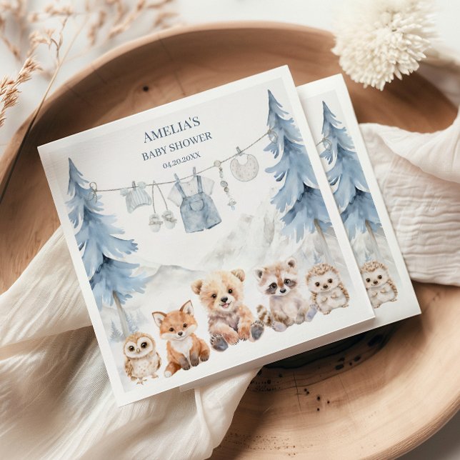 Dusty Blue Woodland Adventure Awaits Baby Shower Pappersservett (Skapare uppladdad)